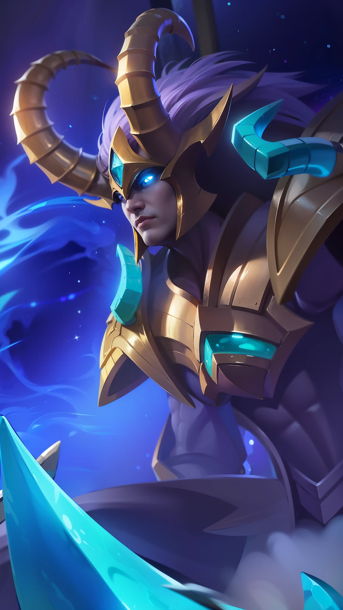 a guy with a sword and a helmet, Masterpiece, ultra HD, detailed all picture, a close up of a devil, dyrroth from mobile legend, evil, extremely detailed artgerm, mobile legends character, inspired by Dyrroth, Six pack chest and abs, black jewel above the chest, light blue eyes, angry.