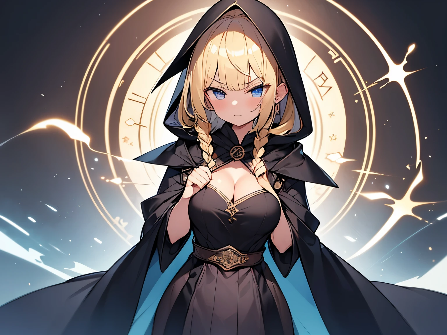 Masterpiece, Top quality, (1 beautiful girl), junior high school student, Blonde, short Hair, Braided hair, wavy Hair, blunt bangs, standard weight, (very flat chest):1.6, cleavage, (very large dark sorceress long robe with hood):1.3, pleated skirt, (angry):1.2, open mouth, (magic staff), attacking with magic, beautiful scene of fantasy world, cowboy shot, from above, Clothes swaying in the wind