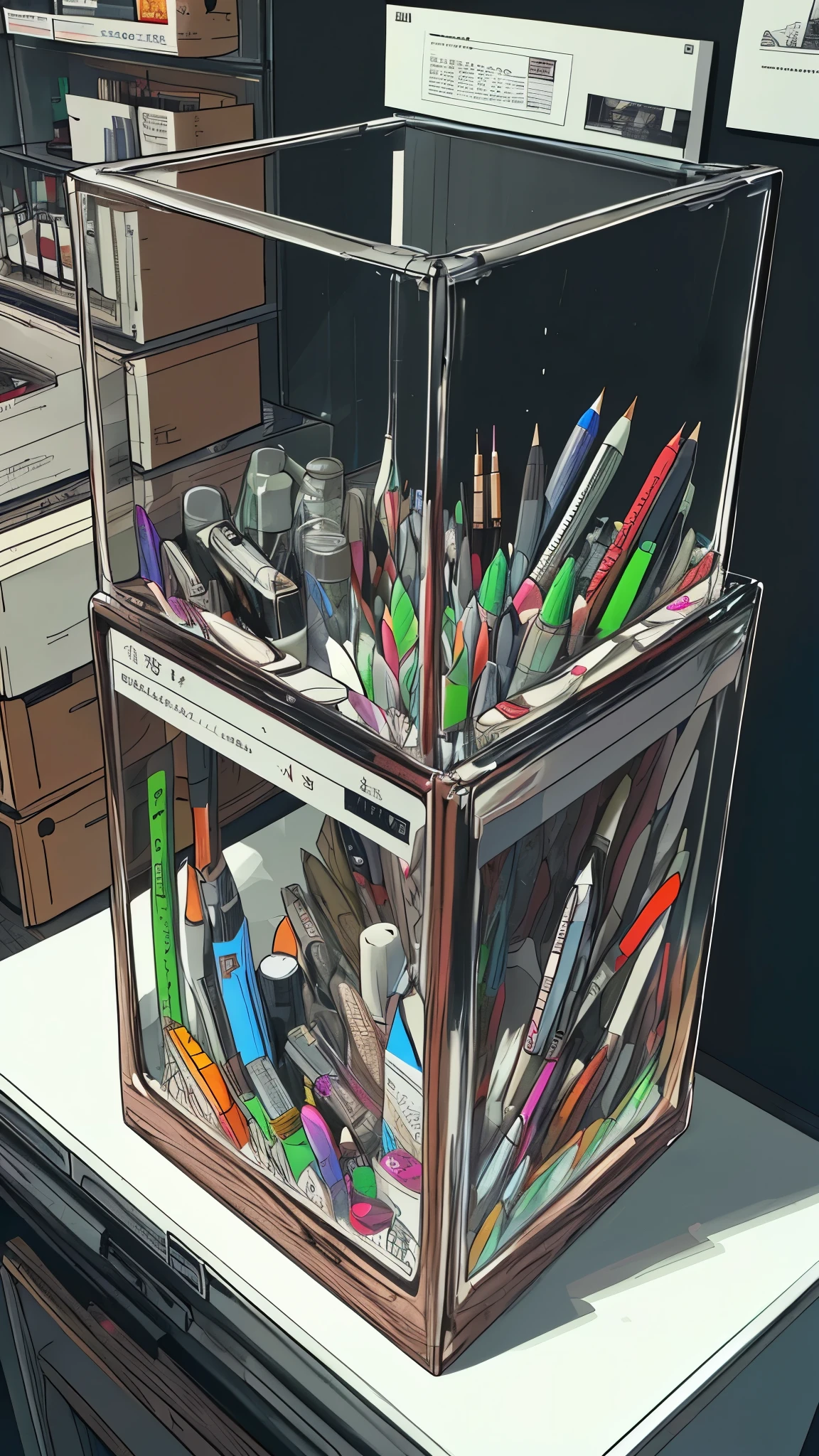 (no_human), (ultra-detailed), 100 expensive pens arranged in a glass box as displays, (best quality, highres, realistic:1.37)