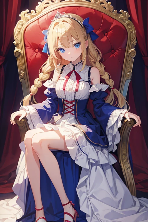 masterpiece, highest quality, High resolution, 、blue eyes、
blonde,  Sad face、Braiding、Crimson frill dress, Clothes with puffy shoulders、flare skirt、Long skirt、Tiara on head、Castle、Sitting on the throne