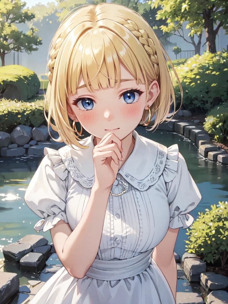 masterpiece, best quality, ultra detailed, highres, extremely detailed CG unity 8k wallpaper, perfect lighting, very detailed background, Outdoor、beautiful and aesthetic,sharp focus, perfect face, Perfect hands、Perfect Fingers、Perfect toes、Five fingers、
highest quality,masterpiece,Glossy blonde,blue eyes,White clothes, look down, Upper Body,hair,Fair skin,Short Bob,Completely wet,French Braid,Blushing,Blunt bangs,Hoop Earrings,Gradient Hair,The left sideburn is longer than the right