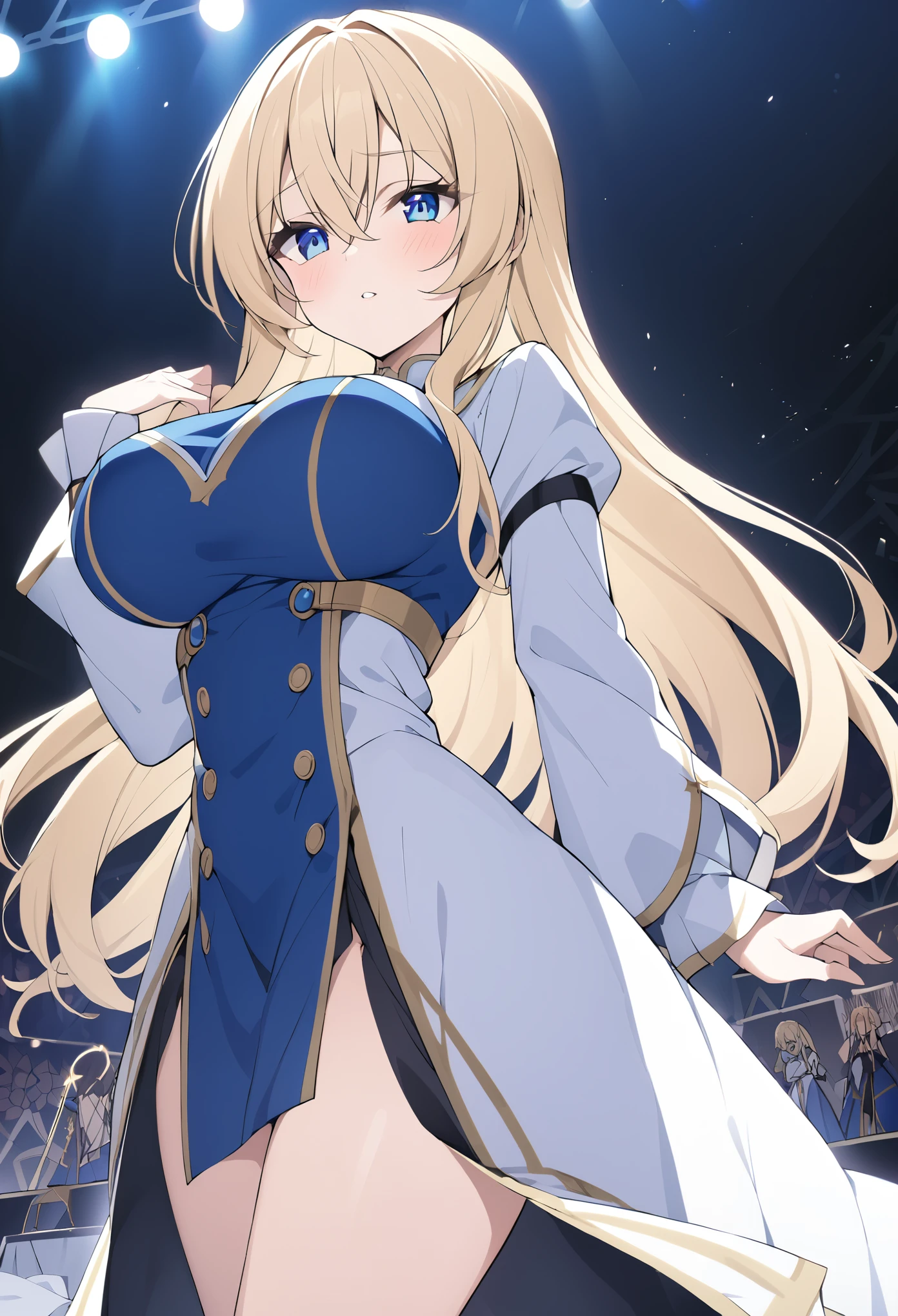 priestess, blonde hair, blue eyes, long hair, hair between eyes,, Live Stage, Big Breasts, uniform　alone