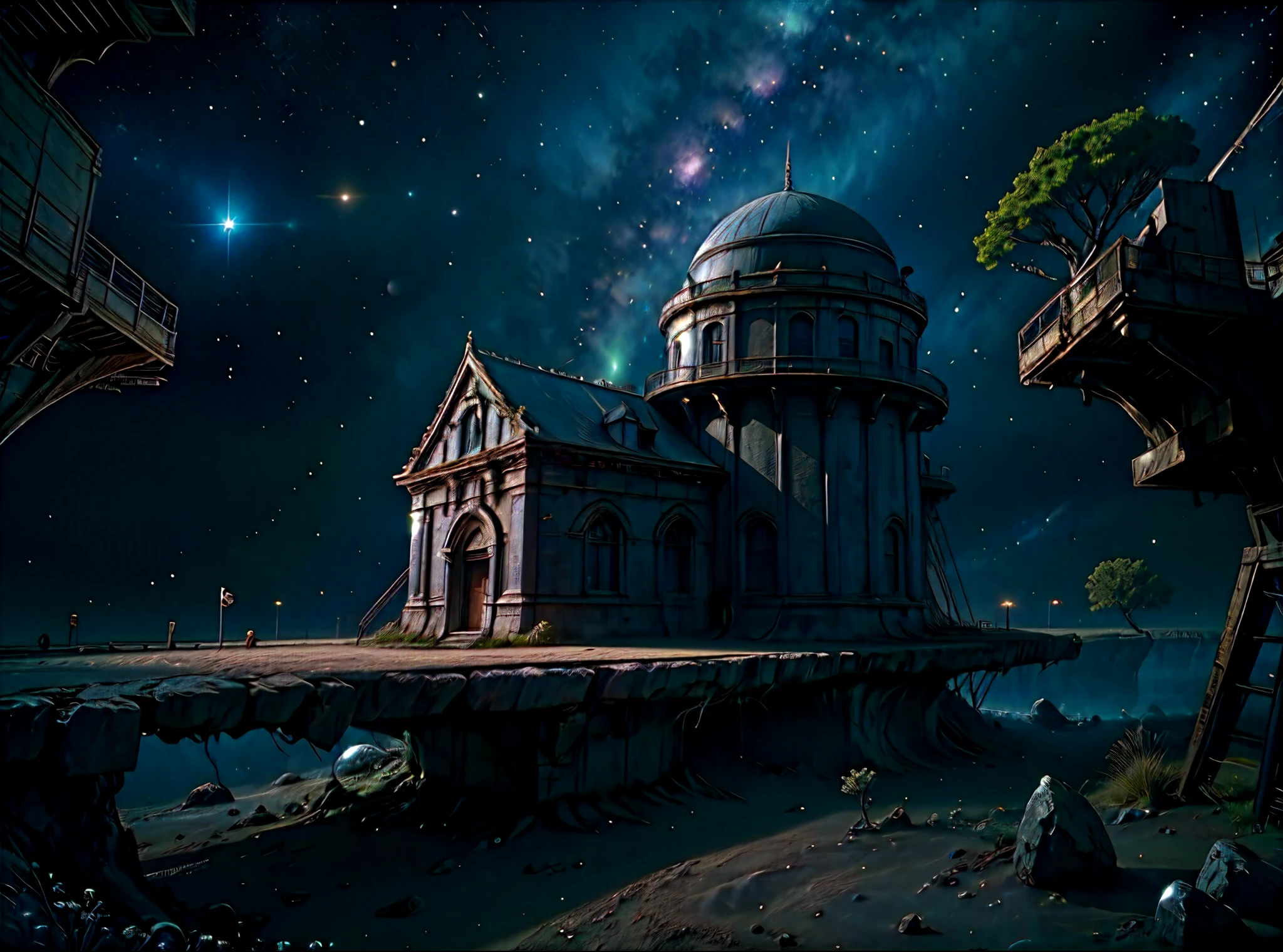 deep space, an ancient stone observatory erected under a starry sky, constellations shrouded in cinematic mystery, futuristic space station，Empty starry sky background