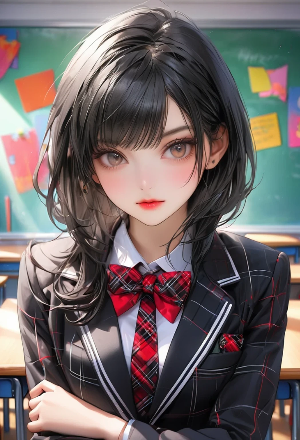 masterpiece, highest quality, 16k, unbelievably absurd, very detailed, perfect beauty, beautiful cute girl, in a beautiful pose, jet black hair, modern sauvage bob hair, through bangs, vibrant colors, raw photo, portrait, classroom, schooluniform(blazer,plaid red bow tie,plaid 
 red mini skirt), 