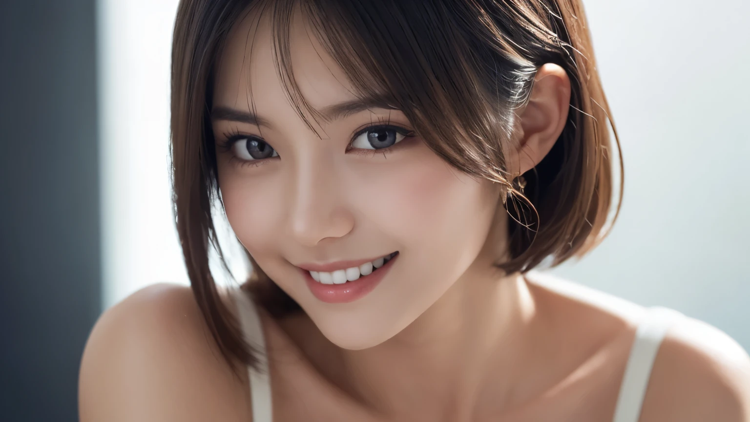 One Girl, (Dress in trendy fashion:1.2), (RAW Photos, highest quality), (Realistic, Photorealistic:1.4), Tabletop, Very delicate and beautiful, Very detailed, 2k wallpaper, wonderful, In detail, Very detailedな CG Unity 8K 壁紙, Very detailedな, High resolution, Soft Light, Beautiful detailed girl, looking at the camera、Very detailedな目と顔, Beautifully detailed nose, Beautiful fine details, short hair, small, Black Dress、White background、Background is white、Cinema Lighting, Perfect Anatomy, Slender body, smile,