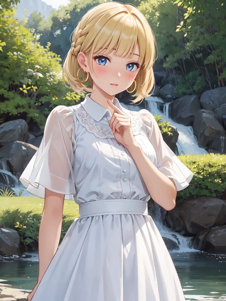 masterpiece, best quality, ultra detailed, highres, extremely detailed CG unity 8k wallpaper, perfect lighting,  very detailed background, Outdoor、beautiful and aesthetic,sharp focus, perfect face, Perfect hands、Perfect Fingers、Perfect toes、Five fingers、
Glossy blonde,blue eyes,White clothes, look down, Upper Body,hair,Fair skin,Short Bob,Completely wet,French Braid,Blushing,Blunt bangs,Hoop Earrings,Gradient Hair,The left sideburn is longer than the right