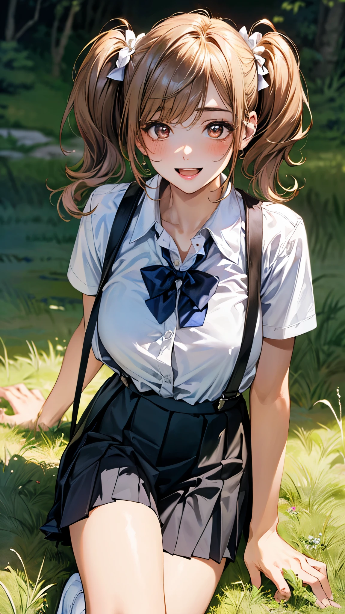 (masterpiece:1.3, top-quality, ultra high res, ultra detailed), (realistic, photorealistic:1.4), beautiful illustration, perfect lighting, natural lighting, colorful, depth of fields, surrealism,
beautiful detailed hair, beautiful detailed face, beautiful detailed eyes, beautiful clavicle, beautiful body, beautiful chest, beautiful thigh, beautiful legs, beautiful fingers, shiny skin, face,
looking at viewer, 1 girl, japanese, high school girl, (perfect anatomy, anatomically correct, super detailed skin), cute and symmetrical face, perfect face, perfect eyes,
(short hair, twintails, copper tone hair), swept bangs, brown eyes, drooping eyes, big eyes, long eyelashes, (large breasts:1.2, seductive thighs), slender, outstanding style,
((detailed cloth texture, white collared shirt, suspenders, pleated skirt, bow tie), white socks, black loafer),
(beautiful scenery), evening, (grassy), walking, (lovely smile, open mouth),