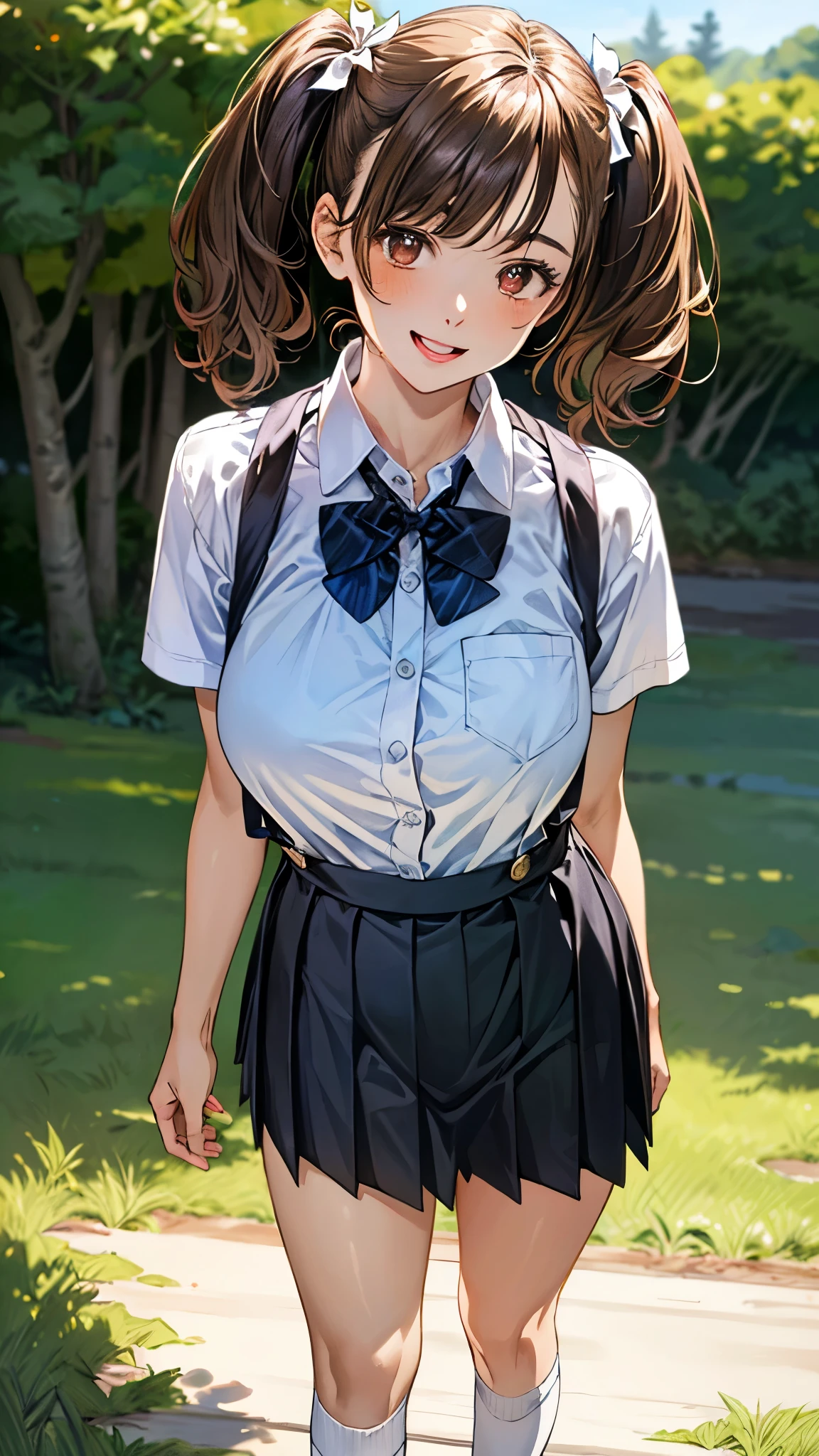 (masterpiece:1.3, top-quality, ultra high res, ultra detailed), (realistic, photorealistic:1.4), beautiful illustration, perfect lighting, natural lighting, colorful, depth of fields, surrealism, 
beautiful detailed hair, beautiful detailed face, beautiful detailed eyes, beautiful clavicle, beautiful body, beautiful chest, beautiful thigh, beautiful legs, beautiful fingers, shiny skin, babyface, 
looking at viewer, 1 girl, japanese, high school girl, (perfect anatomy, anatomically correct, super detailed skin), cute and symmetrical face, perfect face, perfect eyes, 
(short hair, twintails, copper tone hair), swept bangs, brown eyes, drooping eyes, big eyes, long eyelashes, (large breasts:1.2, seductive thighs), slender, outstanding style, 
((detailed cloth texture, white collared shirt, suspenders, pleated skirt, bow tie), white socks, black loafer), 
(beautiful scenery), evening, (grassy), walking, (lovely smile, open mouth),