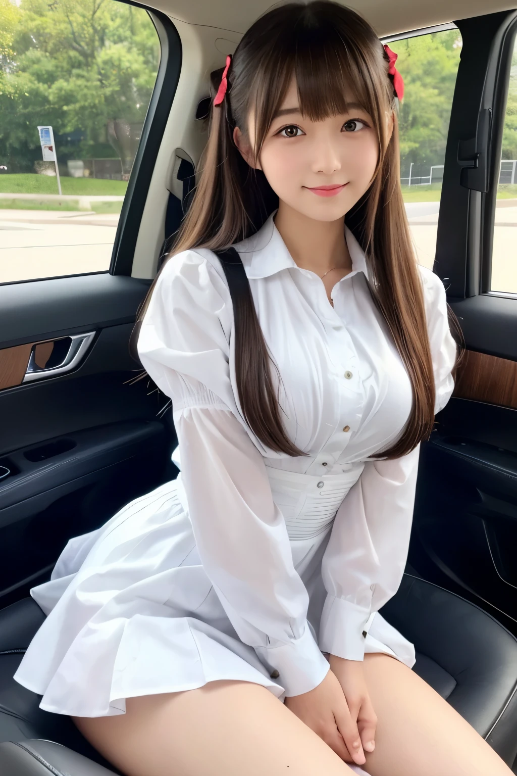 Tabletop, highest quality, One Girl, (beautiful girl:1.3), (:1.2), Extremely detailed clarity, (Symmetrical eyes:1.3), (Maid clothes, Cute Maid, Moe Maid:1.2), Beautiful breasts, Bro, Parted bangs, Brown Hair、smile、Tempting Pose、、Sexy thighs、Low angshot、Center View、White long sleeve shirt、Two Japanese junior high school students、In the car、Superior:1.2、The look of temptation:1.3、Medium Chest、Breast enlargement、Ama cute girl、Japanese Girls、 stop temporarily、Whole Body Ezbian、Nice skin、Glowing Skin、Nice thighs、Shiny thick knee socks、Please put it inside、