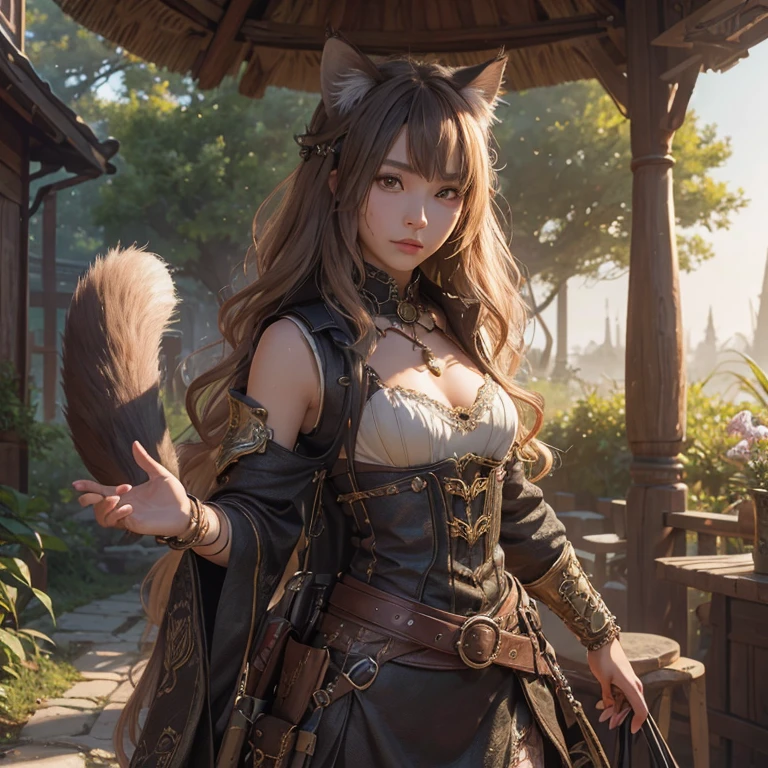 In the heart of an enchanting, intricately detailed world, a young Tabaxi girl stands before us, her character brought to life in stunning 8k resolution. Dressed in the attire of a rogue, thief, or bandit, she dons a fantasy armor cat vest adorned with the intricacy of wheels within wheels. The setting sun casts a warm, natural light upon her, highlighting every delicate feature on her face. The scene, reminiscent of Japanese cartoons, comes alive through the masterful application of ray tracing, delivering a breathtaking, high-resolution masterpiece that transports us into a realm of pure imagination. With a determined expression, she cl