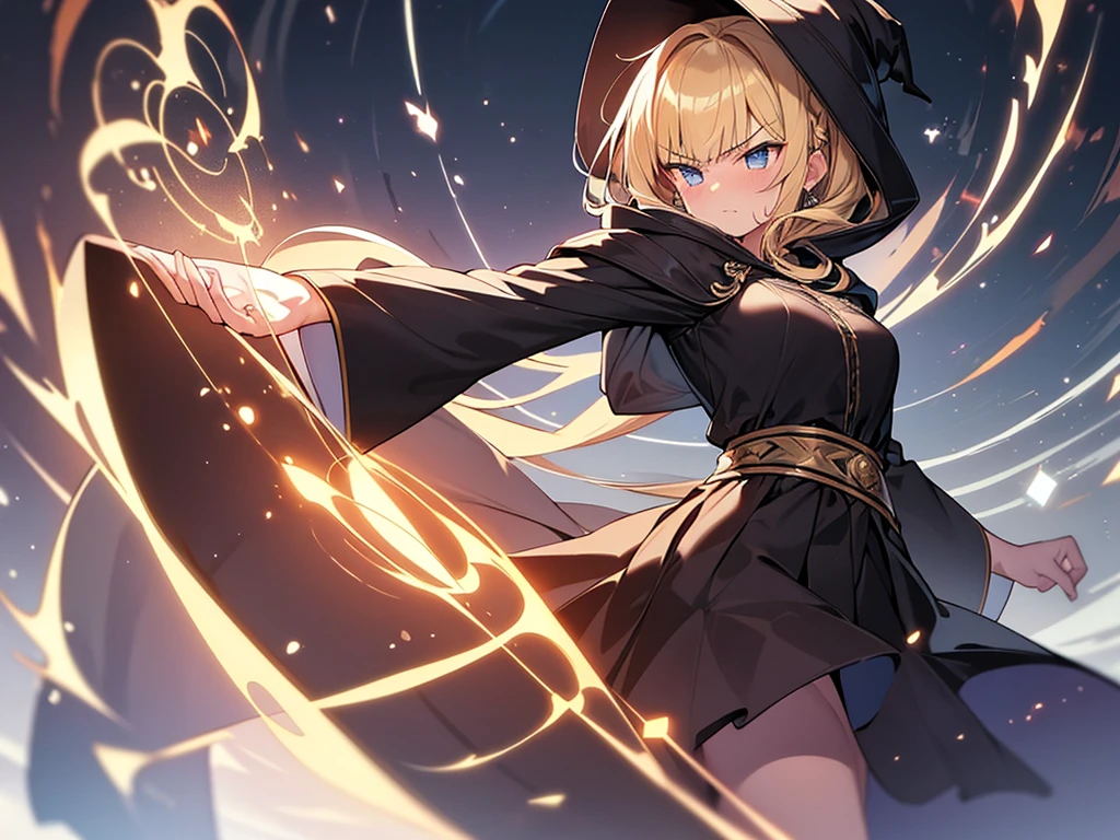 Masterpiece, Top quality, 1 beautiful girl, Blonde, medium Hair, Braided hair, wavy Hair, blunt bangs, 15 year old mage, standard weight, (small breasts :1.2), cleavage, (very large dark sorceress long robe with hood:1.3), pleated skirt, witch hat, (angry:1.3), spell casting, beautiful scene of fantasy world, Clothes swaying in the wind, huge magic circle, dynamic pose, levitating objects