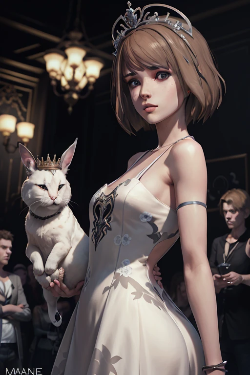 A photograph shows Maxine Caulfield from Life Is Strange, wearing a white crown of thorns, wearing a Versace Medusa '95 party black dress, she has her back turned while holding a white rabbit, the background is brown with small hazel clouds, detailed body, detailed clothing, detailed face, natural light.