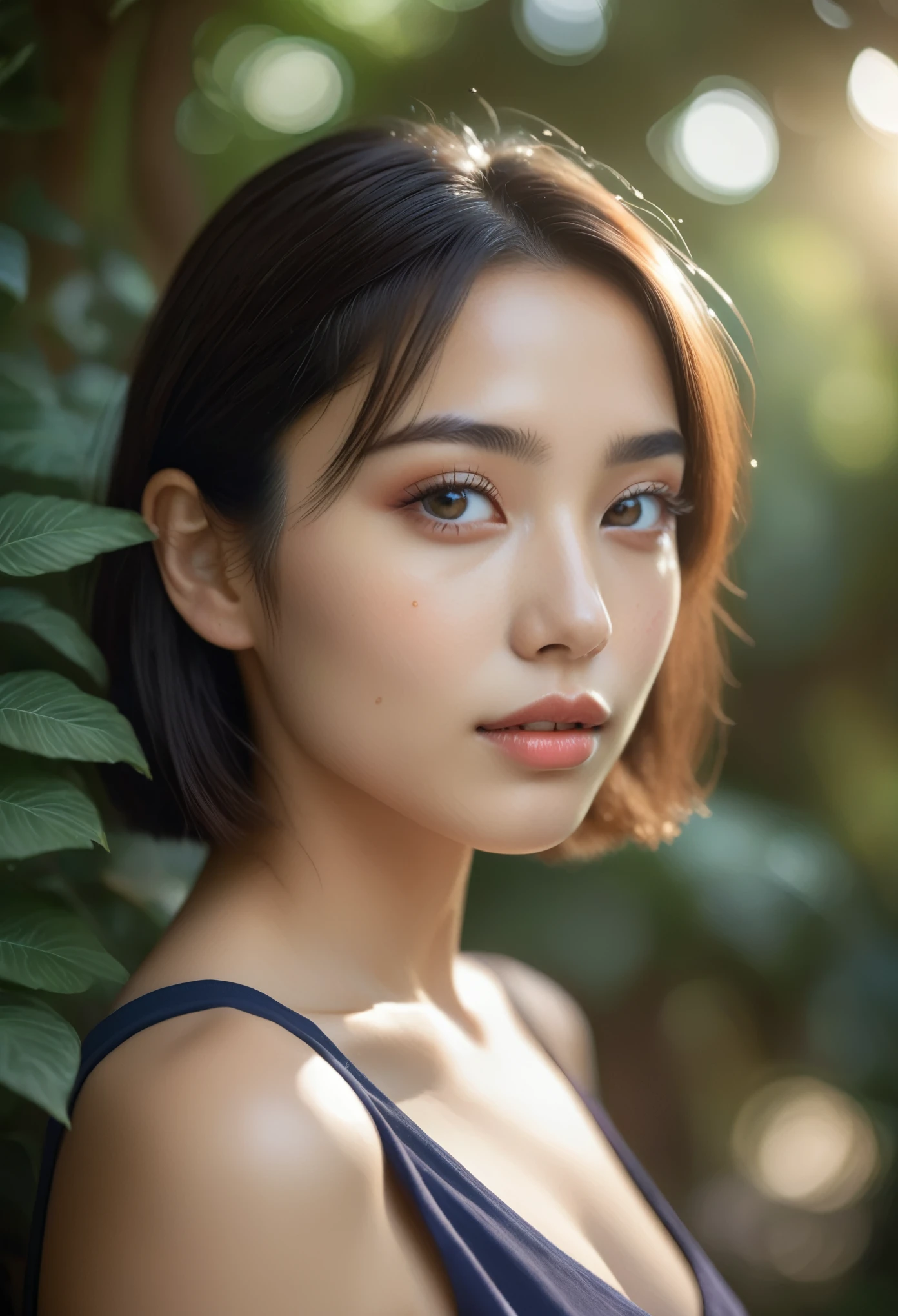 (Top Quality, Super Detailed, Realistic: 1.37), Beautiful Detailed Eyes, Beautiful Detailed Lips, Highly Detailed Face, Long Eyelashes, 1 Girl, 18 Years Old, French-Japanese mix, lapis lazuli eyes, Soft Whisper, Dreamy Gaze, lightness, perfect skin, pure innocence, delicate features, youthful radiance, elegant charm, charismatic presence, (short hair:1.5), (Straight across bangs:1.4), graceful beauty, feminine elegance, charming A smile, a captivating aura, a radiant personality, vibrant energy, a subtle color palette, a touch of fantasy, a magical glow, a garden arbor background, the faint scent of flowers, soft sunlight filtering through the trees, a peaceful atmosphere, Whimsical art style, sublime compositions, delicate brushstrokes, impressionistic details, subtle contrasts, cultural fusion, magic realism, vibrant colors, and mesmerizing portraits. (wearing T-shirt:1.2), (symmetrical faces:1.3).moist skin, detailed skin texture, (There are faint freckles:1.2), mystical aura, sparkling, dynamic angle, White skin, high nose, thick eyebrows, (good anatomy:0.5), (dreamy atmosphere:1.1), (Subtle colors and tones:1.2), mystical aura, (cinematic lighting:1.6)