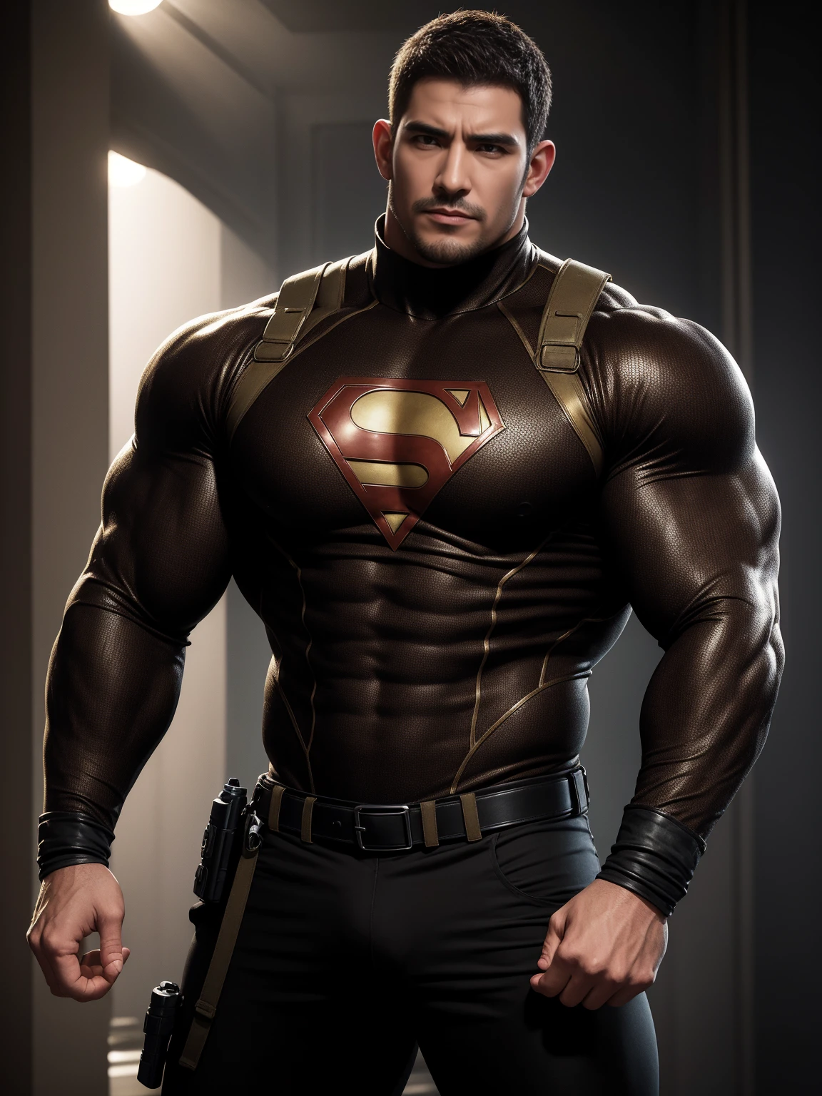 生气愤怒muscular肌肉男, On the old-style outdoor streets, Wear a brown superhero bodysuit with long sleeves, Elastic spandex material,The expression is arrogant, Lift your chin, Disheveled unkempt hair, Thick thighs, Brown Superhero Bodysuit with Turtleneck and Long Sleeves, very tight, Regular symmetrical pattern, Highlight muscles, Police uniform pants, character concept(Resident Evil - Chris Redfield, Chris Redfield)A proud expression, Deep and charming eyes, Heroic male pose, tall Burly, muscular!The pectoral muscles are oversized, tough guy, perfect facial features, High, Burly, Heqiang, Super polished and cool, High Resolution Committee, Charismatic, The sun is blazing, dazzling