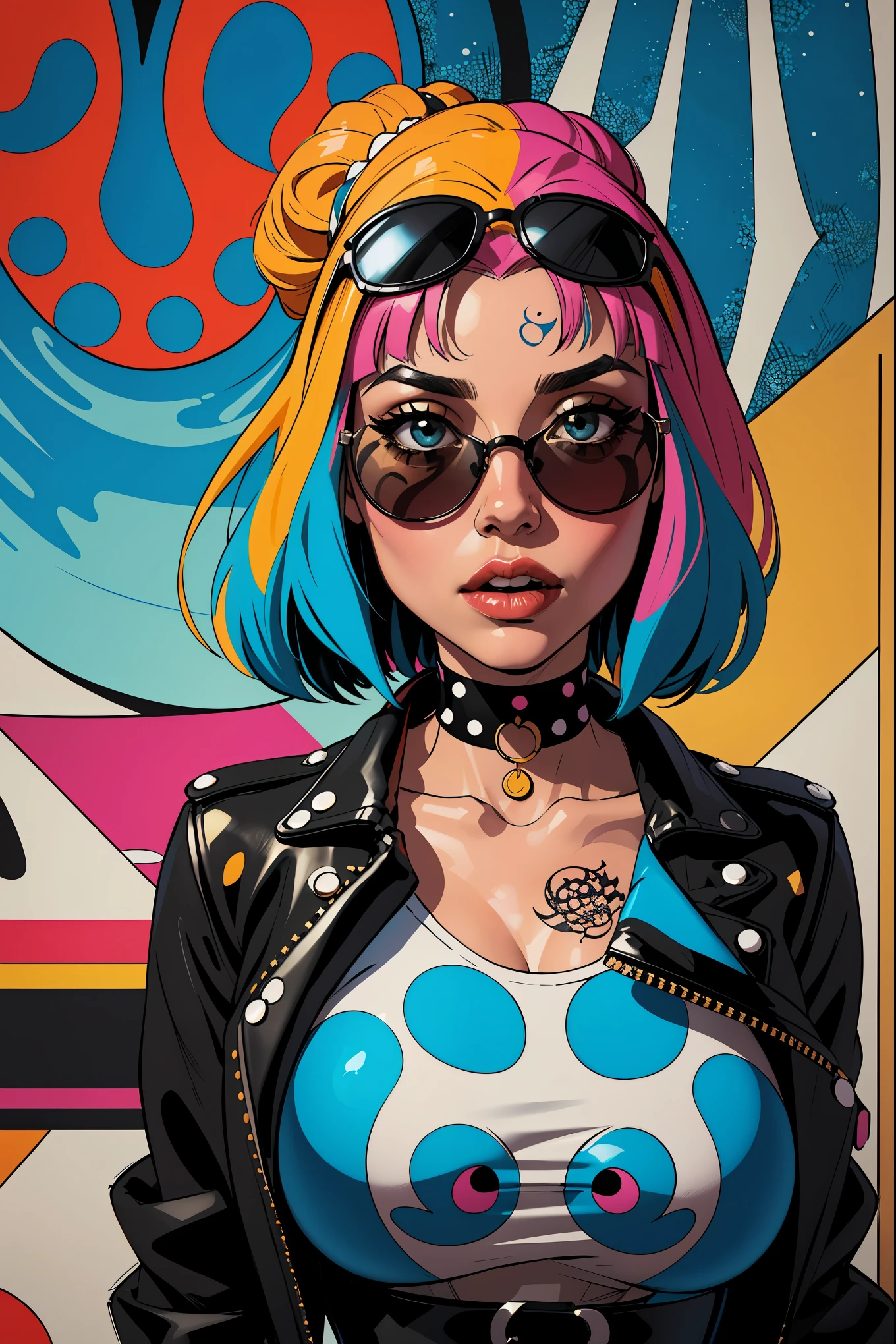 (1girll)wearing a choker,with tattoos, sunglasses, Black leather jacket,Psychedelic punk artist,Vivid colors, rim-light, trending on artstationh, Yayoi Kusama's pop art style, iintricate, High detail