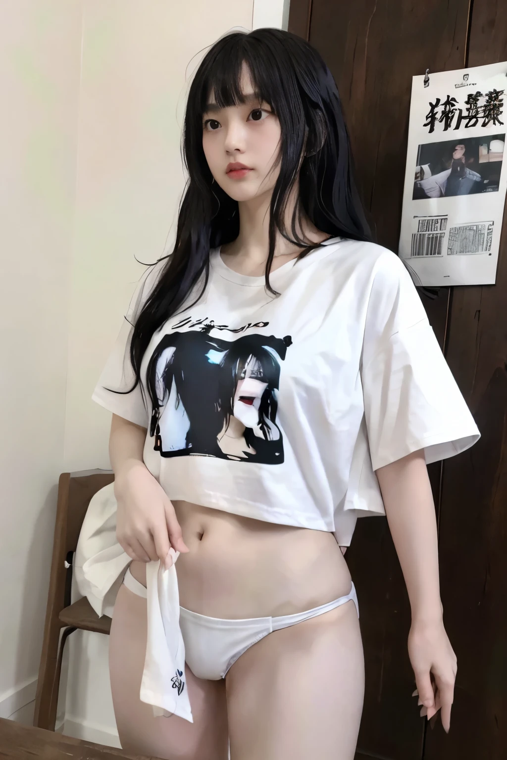 Masterpiece、highest quality、Woman 1、Super detailed、View looking up from directly below Black Hair、Long Hair、Blunt Bangs over size Tshirt、show off nipples under white shirt、Swimwear、Swimwearの上にTシャツ shirt lift Soft thighs