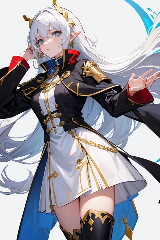 Um elfo homen de cabelos longos brancos, Ele usa uma camisa listrada em preto e branco, junto com uma jaqueta branca com um cinto preto. As mangas de sua jaqueta terminam com grandes punhos dourados.Por cima da jaqueta, She wears a short cape that matches the white and gold theme of her jacket. Cape includes decorative gold accents with red jewels on each shoulder and a high collar that is fastened with a red jewel.. He also wears black tights, brown boots and a pair of gold earrings with red teardrop-shaped jewels dangling from each earring