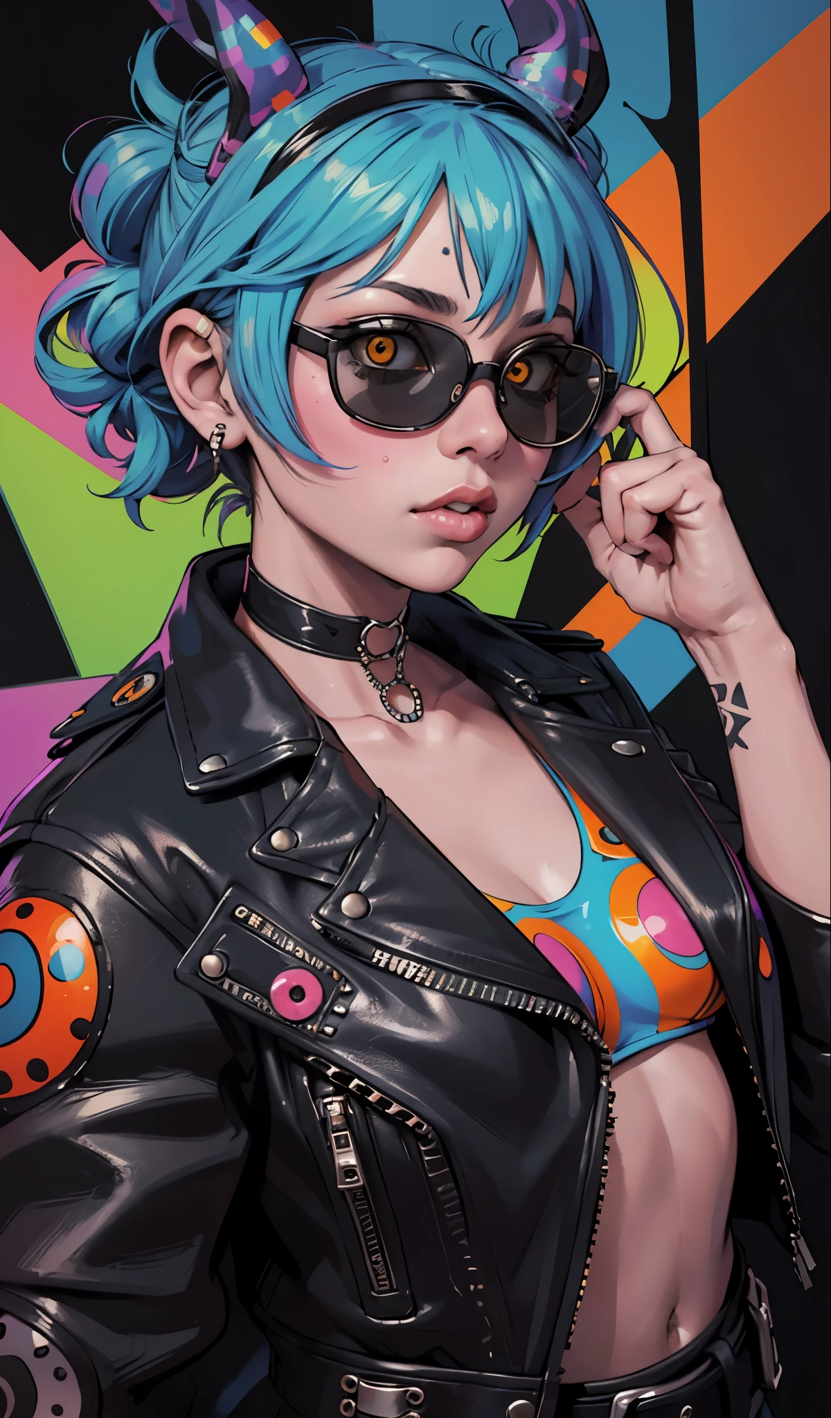 (1girll)wearing a choker,with tattoos, sunglasses, Black leather jacket,Psychedelic punk artist,Vivid colors, rim-light, trending on artstationh, Yayoi Kusama's pop art style, iintricate, High detail