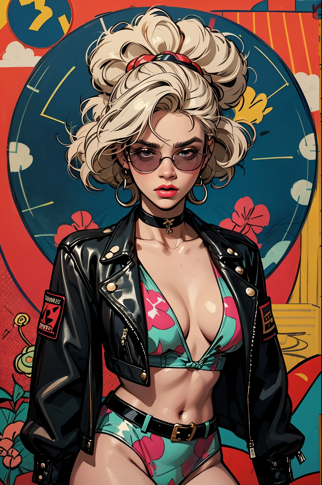 (1girll）wearing a choker，with tattoos, sunglasses, Black leather jacket,Psychedelic punk artist，Vivid colors, rim-light, trending on artstationh, Yayoi Kusama's pop art style, iintricate, High detail