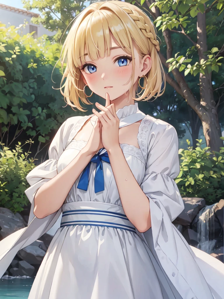 masterpiece, best quality, ultra detailed, highres, extremely detailed CG unity 8k wallpaper, perfect lighting,  very detailed background, Outdoor、beautiful and aesthetic,sharp focus, perfect face, Perfect hands、Perfect Fingers、Perfect toes、Five fingers、
Glossy blonde、blue eyes、White clothes, look down、Upper Body、Fair skin、Short Bob、Completely wet、French Braid、Blushing、Blunt bangs、Hoop Earrings、Gradient Hair、The left sideburn is longer than the right