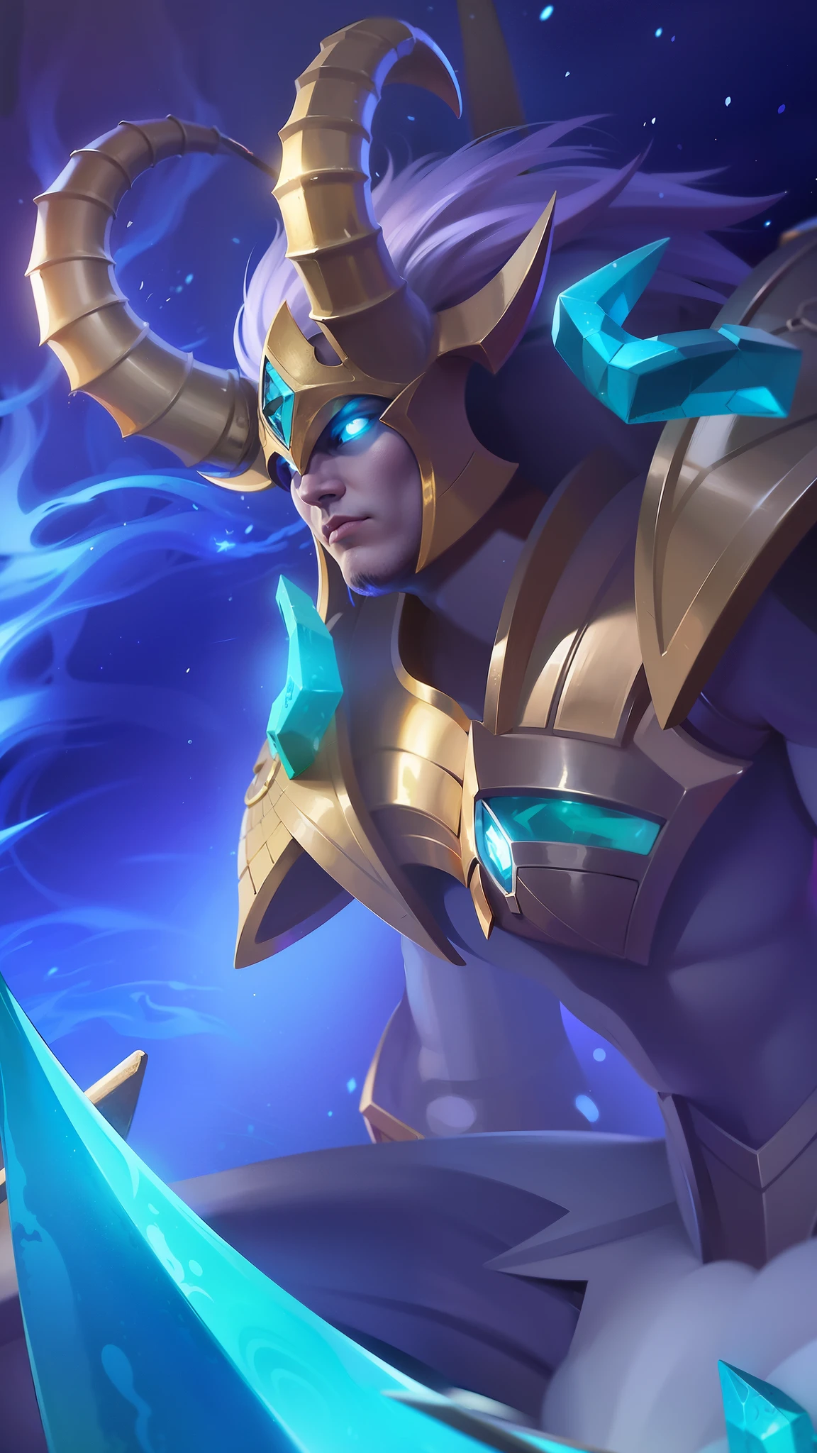 a guy with a sword and a helmet, Masterpiece, ultra HD, detailed all picture, a close up of a devil, dyrroth from mobile legend, evil, extremely detailed artgerm, mobile legends character, inspired by Dyrroth, Six pack chest and abs, black jewel above the chest, light blue eyes, angry.