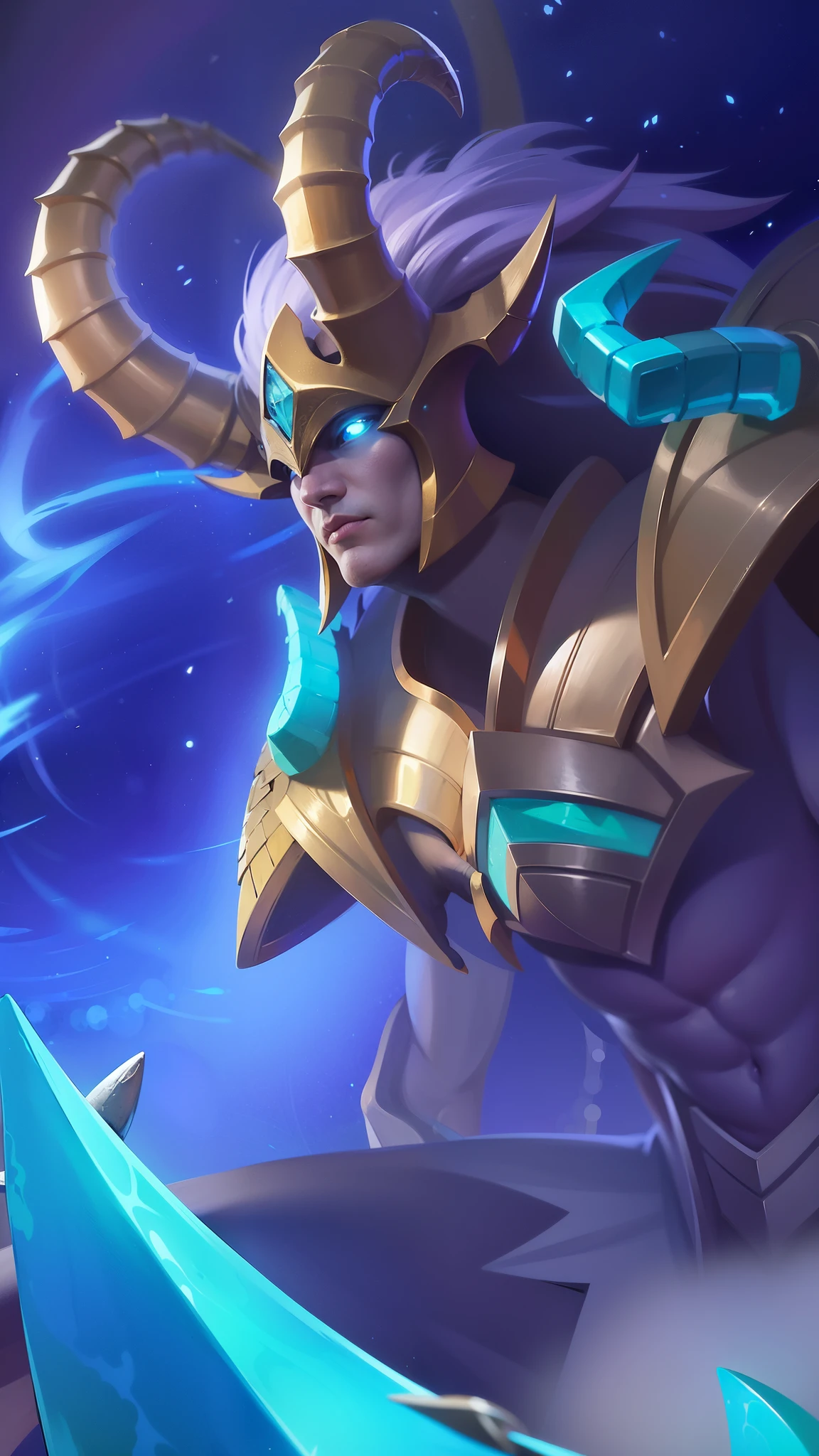 a guy with a sword and a helmet, Masterpiece, ultra HD, detailed all picture, a close up of a devil, dyrroth from mobile legend, evil, extremely detailed artgerm, mobile legends character, inspired by Dyrroth, Six pack chest and abs, black jewel above the chest, light blue eyes, angry.