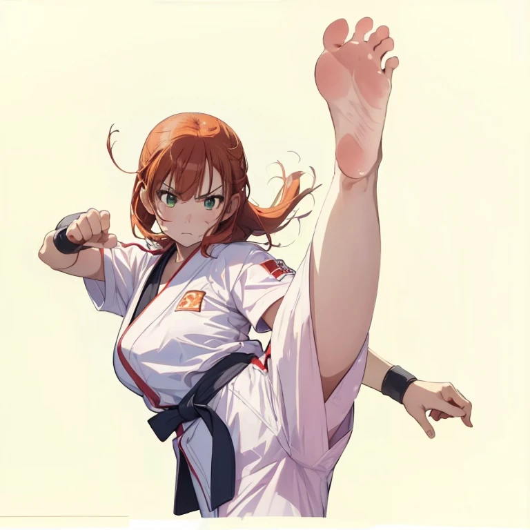 1girl, orange hair, natsukawa aika, wearing karate uniform with short sleeves, angry stare, standing on one leg, strong leg high kick, high kick, accurate foot, barehands, barefoot, accurate hands, fighting pose, martial arts, intense battle, barehand fighting contest, in a boxing ring, facing viewer, perfect anatomy, (best quality,8K,high resolution,ultra-detailed,masterpiece)