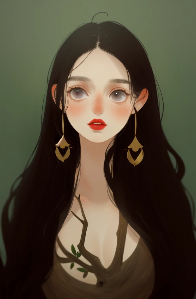 1girl, alone, illustration, long black hair, looking at the viwer, tronco, lips, fundo cinza, fundo simples, olhos castanhos, boca fechada, red lips