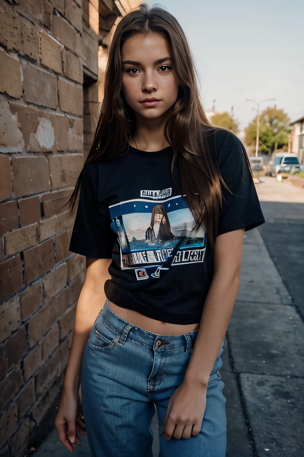 full shot, a 18 year old gorgeous woman, small breast, slight smirk, sexy expression, detailed skin face and eyes, long hair, low contrast, natural face, freckles around her nose, dark blonde hair, brown and blue eyes, it is morning time, wearing skater pants, and an oversized shirt, on a skateboard, epiCNegativ