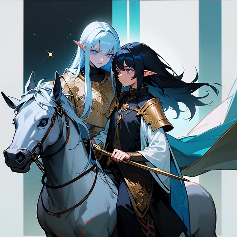 1 character: Knight of human race, physical features, blue eyes, black hair, white skin, 25 years old in shining armor without helmet on horseback and with a sword entering a dark medieval fantasy forest. 2 character mixed creature, elf hybrid dark and dragon, physical features: black skin, golden eyes, fantasy blue hair, androgynous, man with feminine features, clothing: with beautiful black and white tunic, medieval fantasy, interracial gey couple, queer, lgbtiqa+ medieval fantasy.