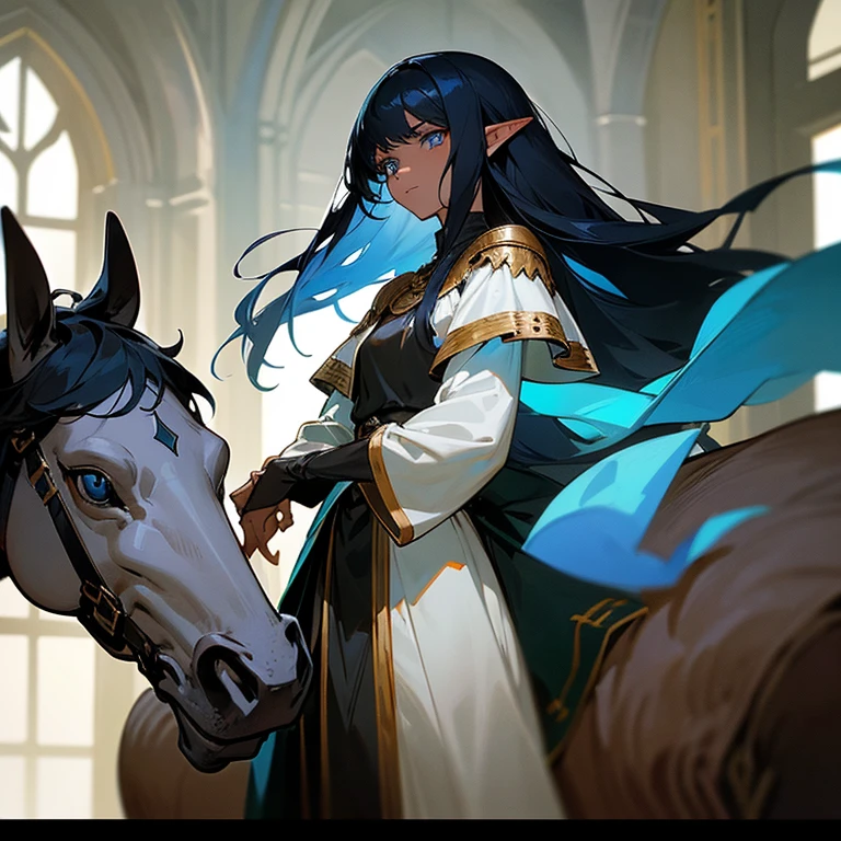 1 character: Knight of human race, physical features, blue eyes, black hair, white skin, 25 years old in shining armor without helmet on horseback and with a sword entering a dark medieval fantasy forest. 2 character mixed creature, elf hybrid dark and dragon, physical features: black skin, golden eyes, fantasy blue hair, androgynous, man with feminine features, clothing: with beautiful black and white tunic, medieval fantasy, interracial gey couple, queer, lgbtiqa+ medieval fantasy.