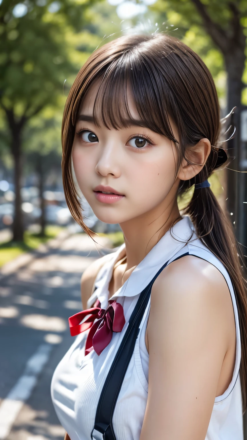belly button、Sweat on the face、[[[Angry face]]]、((highest quality))、(masterpiece:1.3)、RAW Photos、8k、(highest quality)、(Highest Resolution)、Beautiful face in every detail、Realistic、(The most beautiful woman:1.3)、(best women) :1.3)、high school girl、(Small face)、Short pigtails、(high school girlの)、(The most beautiful girls in school:1.3)、(Country Road:1.3)、(With bangs)、(On the way to school)、(( 18 year old beauty))、Beautiful Hair、Long neck、tie、Everyone longs for、summer、Sleeveless、(Big eyes)