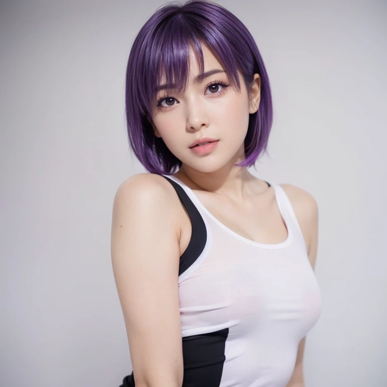 AYANE, purple hair, (melhor qualidade,ultra-detalhado,Realista:1.37), lindo rosto detalhado,Simetria perfeita,corpo perfeitamente modelado,Maquiagem perfeita,cores vivas,studio lighting