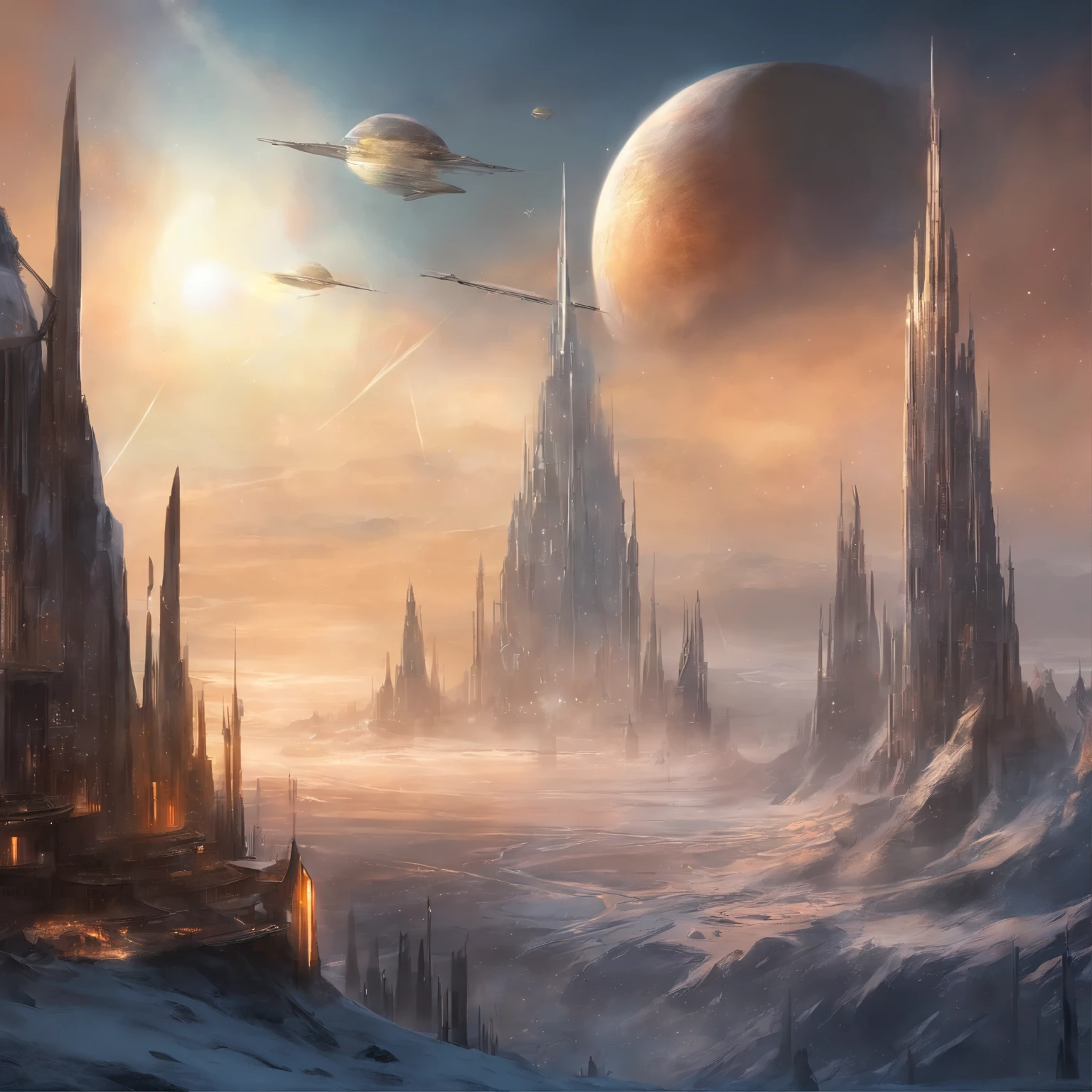 best quality,Masterpiece,spaceship,Space community commercial district,interstellar trade,mysterious,Cutting-edge technology,The atmosphere is cold and there is severe snow.