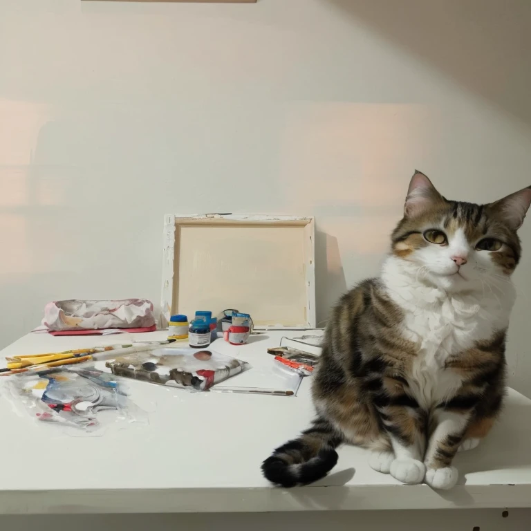 there is a cat sitting on a table with many craft materials, oleo pintura, pintura of a cat, oil pintura of cat, pintura, pintura, Obra-prima do gato, in a pintura of a cat, he is an artist, oill pintura, an artistic pose, gato na mesa na frente dela, Oil & Canvas, artista peludo, cat portrait pintura