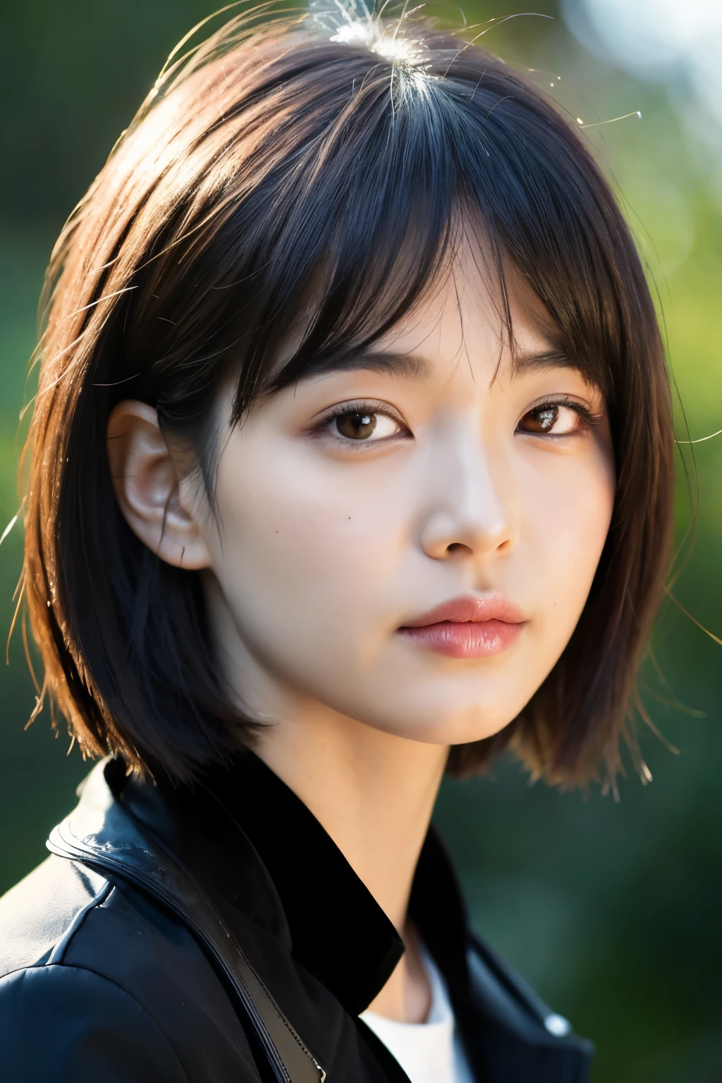 ((best quality)), ((masterpiece)), (detailed), perfect face, ultra high res, (photorealistic:1.4), asian girl, short hair, black hair, thin face, black jacket, black neckband