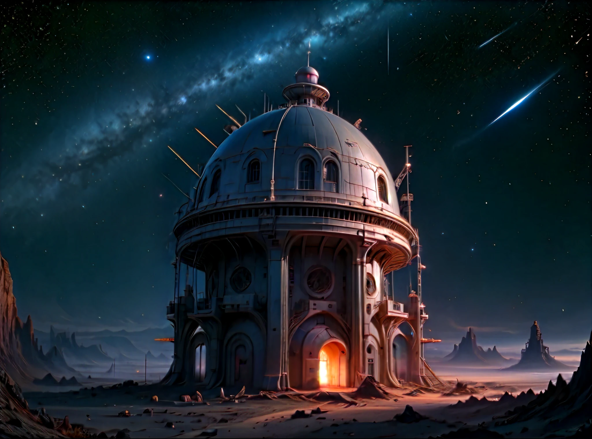 deep space, an ancient stone observatory floating on an island, erected under a starry sky, constellations shrouded in cinematic mystery, futuristic space station，Empty starry sky background