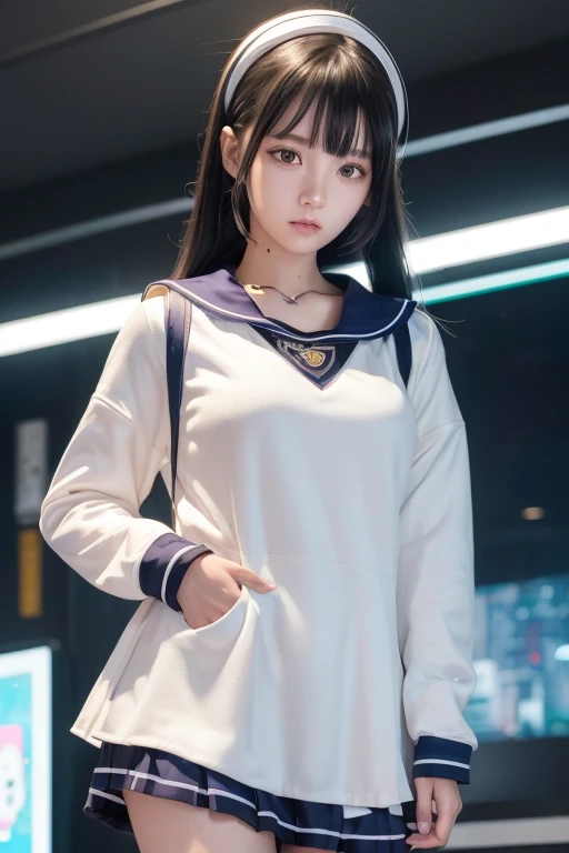 Cyborg Girl, Cyberpunk Girl, Digital Cyberpunk Art, (Digital Cyberpunk Art), cute、Ultra high definition、masterpiece、correct、Anatomically correct、Textured skin、Very detailed、High detail、high quality、最high quality、High resolution、8k、Raw photo、whole body、Beautiful Teenage Woman、One Japanese woman、Big beautiful eyeedium chest、(Short black hair)、(((high school girl)))、(((Wearing a sailor suit)))、(((Cyberpunk Android Sailor Suit)))