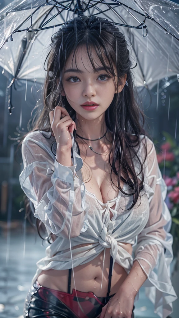 (RAW shooting, Photorealistic:1.3, 8k, highest quality, masterpiece, Ultra-high resolution), Perfect dynamic composition:1.2, night, Expressions of sadness:0.7, ((Typhoon heavy rain)), Highly detailed skin and facial textures:1.2, A slim high school girl wet with rain, Sexy beauty, Perfect Style, beautifully、aesthetic, Fair skin, Very beautiful face, (Rain dripping down on my body:1.2, Wet Hair:1.2, Wet clothes:1.2), Water droplets on the skin, Shapely breasts, Chest gap, Embarrassed smile, Her facial expression when she felt intense caressing, Facial expressions when feeling happy, (Beautiful erotic eyes, Beautiful, erotic lips), (Too erotic, Fascinating), Cowboy Shot, Perfect limbs, Perfect Fingers