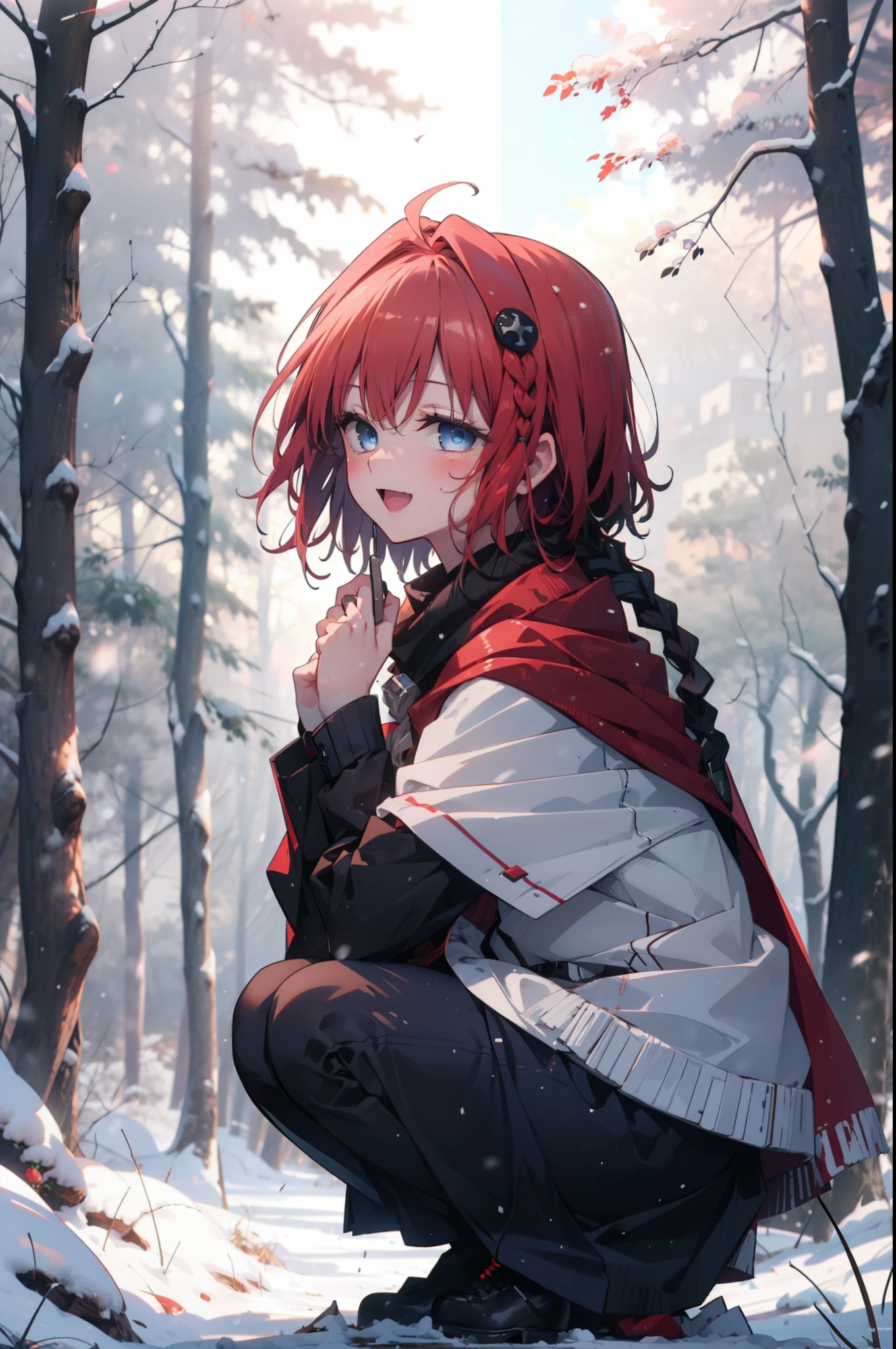 kurosaki mea,happy smile, smile, Open your mouth,Redhead,Long braids,White Breath,
Open your mouth,snow,Ground bonfire, Outdoor, boots, snowing, From the side, wood, suitcase, Cape, Blurred, having meal, forest, White handbag, nature,  Squat, Mouth closed, Cape, winter, Written boundary depth, Black shoes, red Cape break looking at viewer, Upper Body, whole body, break Outdoor, forest, nature, break (masterpiece:1.2), highest quality, High resolution, unity 8k wallpaper, (shape:0.8), (Beautiful and beautiful eyes:1.6), Highly detailed face, Perfect lighting, Highly detailed CG, (Perfect hands, Perfect Anatomy),