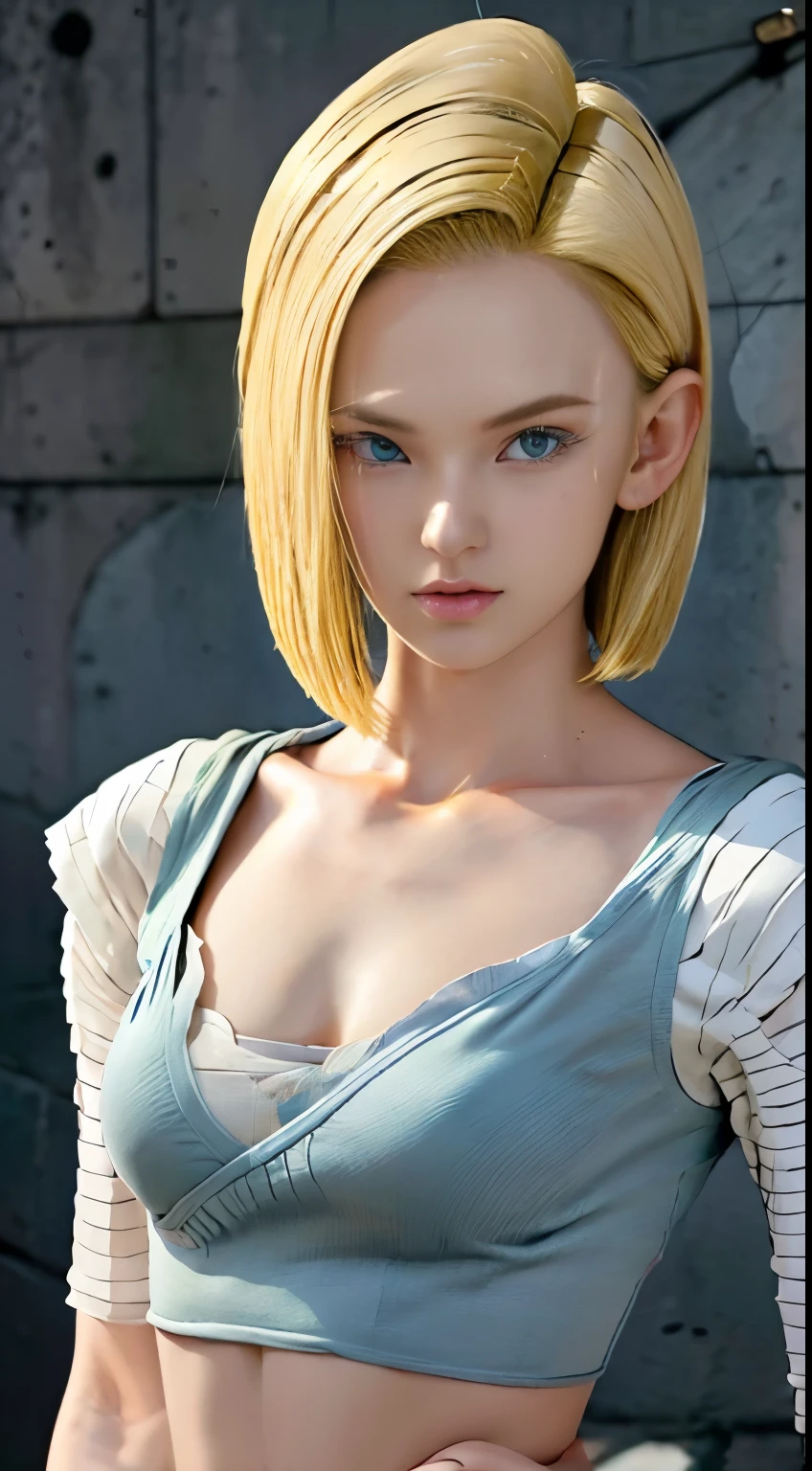 Android 18 Lajuli, dragon ball female, A short straight blonde haired british girl, bang, bob cut, blue eyes, 35 years, young, pale skin, supermodel body, medium breast, Ultra high res, uhd, (photorealistic:1.2)