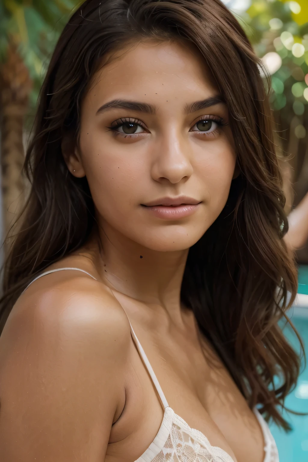 ((best quality)), , (detailed), visage parfait, Femme de 23 ans, brune, dark green eyes, Latin American type, tanned skin color in portrait