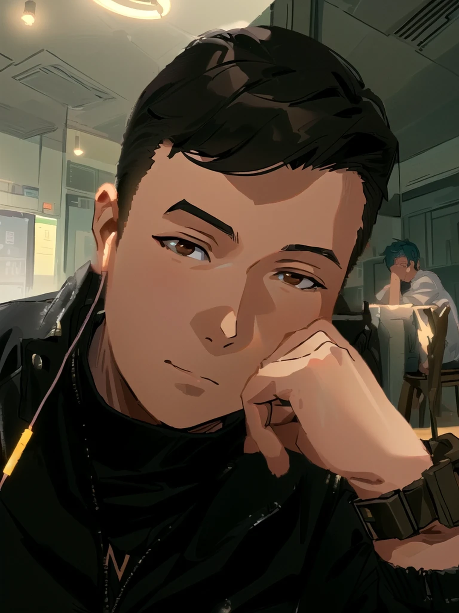 there is a man sitting at a table with a cell phone in his hand, david luong, thawan duchanee, damien tran, darren quach, asian male, nivanh chanthara, stanley artgem lau, ((illustrations)), (perfect anime), (perfect face), (best anatomy)