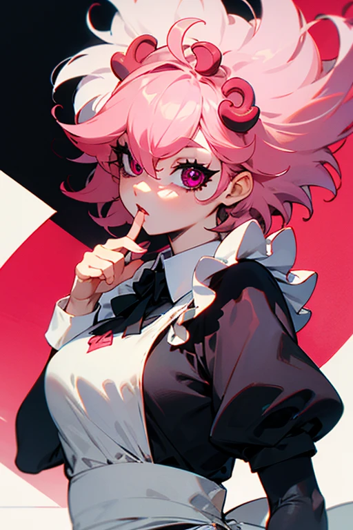 mina ashido, piel rosada, ojos amarillos, black sclera, cuernos, cabello rosado, pechos enormes, maid, sola