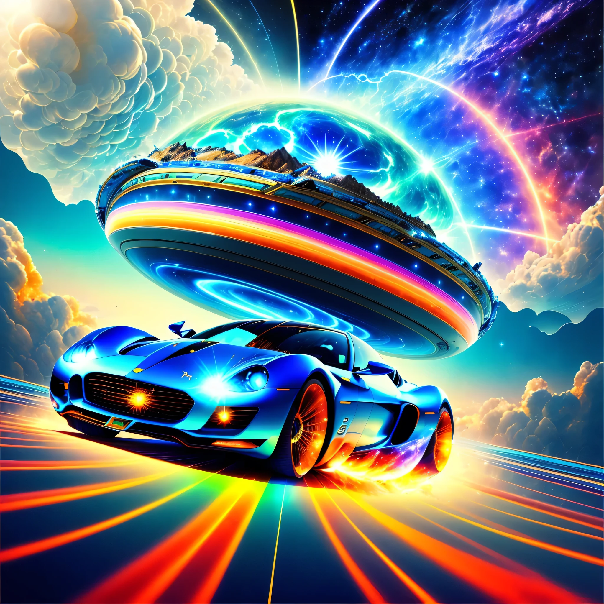 sports car in hyper space flying across a blue rainbow bridge. chronicles of superwisdom movie quality, primordial solar, complete all complex image generations, creation of time, creativity of victory, intellectual quality, chosen everything, completing the image generation is mandatory, no portrait, energy blast, futureroyalshatter spenustril kinetistruct major atamigic, make 4k quality, massive noise reduction, negative noise allowed in image, trioform meliskay, cravtav ofotae, sun cycle Atlantis, tiamats return, truth revealed to all levels of reality, make highest quality possible