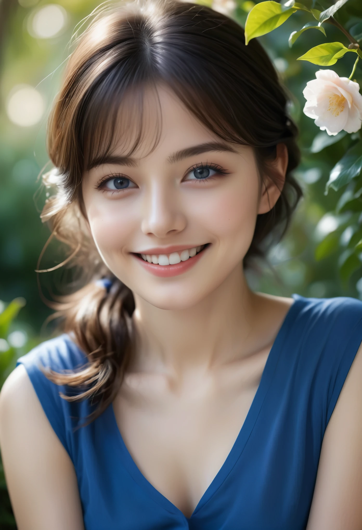 (Top Quality, Super Detailed, Realistic: 1.37), Beautiful Detailed Eyes, Beautiful Detailed Lips, Highly Detailed Face, Long Eyelashes, 1 Girl, 18 Years Old, French, lapis lazuli eyes, Soft Whisper, Dreamy Gaze, lightness, perfect skin, pure innocence, delicate features, youthful radiance, elegant charm, charismatic presence, short hair, graceful beauty, feminine elegance, charming A smile, a captivating aura, a radiant personality, vibrant energy, a subtle color palette, a touch of fantasy, a magical glow, a garden arbor background, the faint scent of flowers, soft sunlight filtering through the trees, a peaceful atmosphere, Whimsical art style, sublime compositions, delicate brushstrokes, impressionistic details, subtle contrasts, cultural fusion, magic realism, vibrant colors, and mesmerizing portraits. (wearing T-shirt:1.2), (symmetrical faces:1.3).moist skin, detailed skin texture, There are faint freckles