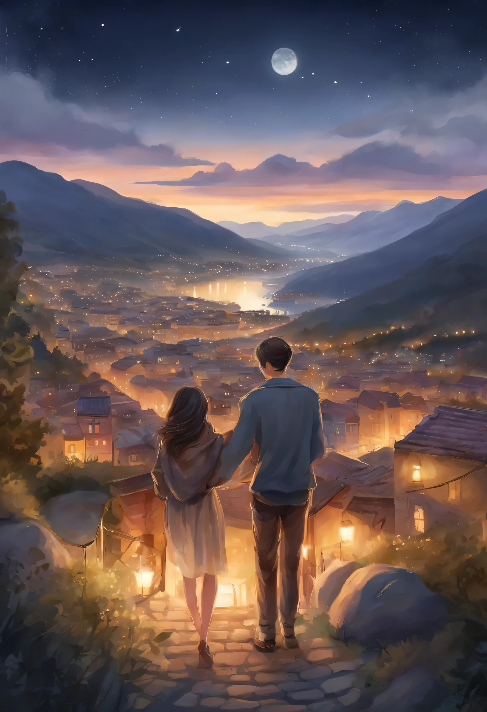 (HD, 4K, high resolution, high detail), couple, (1man, 1woman), casual cloth, sweater, cute couple, fireworks, city night, looking each other, outdoor, top of mountains, detailed face, romance, novel cover, webtoon, anime style, watercolor, by makoto sinkai