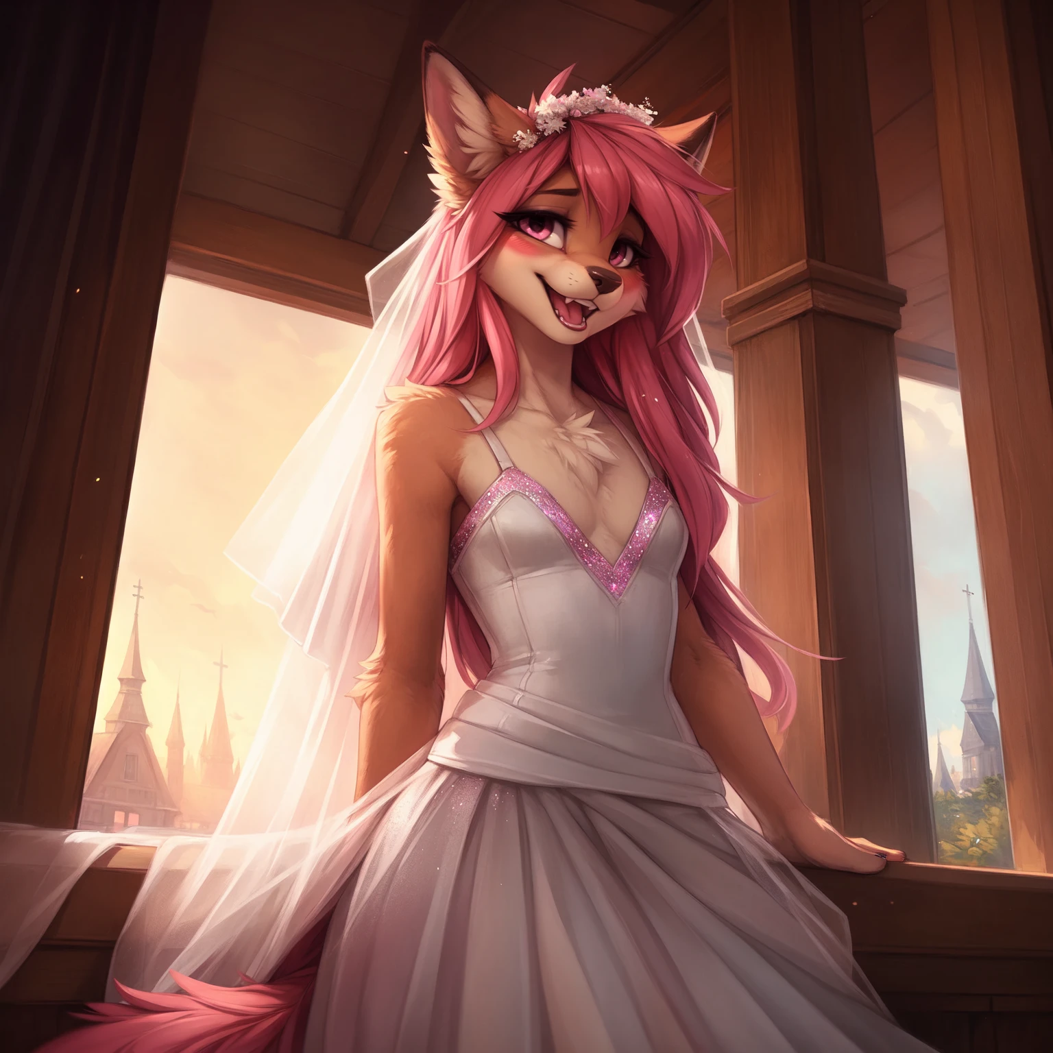 by kenket, Ross Tran, ruan jia, zaush, foxovh, by Zackary911, by hyattlen, by teranen, by fumiko, by Pixelsketcher, by Bayard Wu, by Thomas Benjamin Kennington, by Einshelm, by Kilinah, by Coffeesoda, by Hioshiru, by fluff-kevlar, bye r-mk, by Dimwitdog, Furry, Anthro, long hair, ((small)), ((male)), ((twink)), (long pink hair), (white fur), feminine hair, girly haircut, Full Body, (()), cinematic lighting, ((fluffy tail)), ((blushing)), detailed open mouth, detailed canine teeth, (smiling), (shy) girly hips, girly hips, (view from front), looking at viewer, sweat, skimpy (white wedding dress), small bulge, solo, wedding, white church, sexually suggestive, ((solo)), (makeup), (pink glittering eyeshadow), eyeliner, pink lipstick lipstick, (full lips), pink eyes, long eyelashes, flat chest, looking at viewer, flat chest,