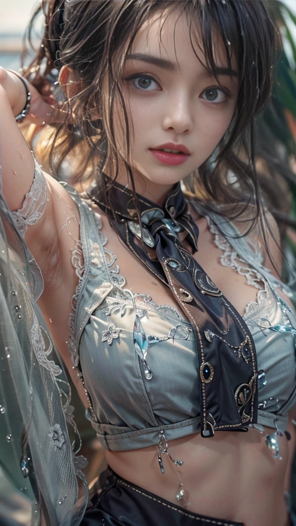 (RAW shooting, Photorealistic:1.3, 8k, highest quality, masterpiece, Ultra-high resolution), Perfect dynamic composition:1.2, night, Expressions of sadness:0.7, (Typhoon heavy rain), Highly detailed skin and facial textures:1.2, A slim high school girl wet with rain, Sexy beauty, Perfect Style, beautifully、aesthetic, Fair skin, Very beautiful face, (Rain dripping down on my body:1.2, Wet Hair:1.2, Wet casual clothes:1.2), Water droplets on the skin, Shapely breasts, Chest gap, Embarrassed smile, Her facial expression when she felt intense caressing, Facial expressions when feeling happy, (Beautiful erotic eyes, Beautiful, erotic lips), (Too erotic, Fascinating), Cowboy Shot, Perfect limbs, Perfect Fingers