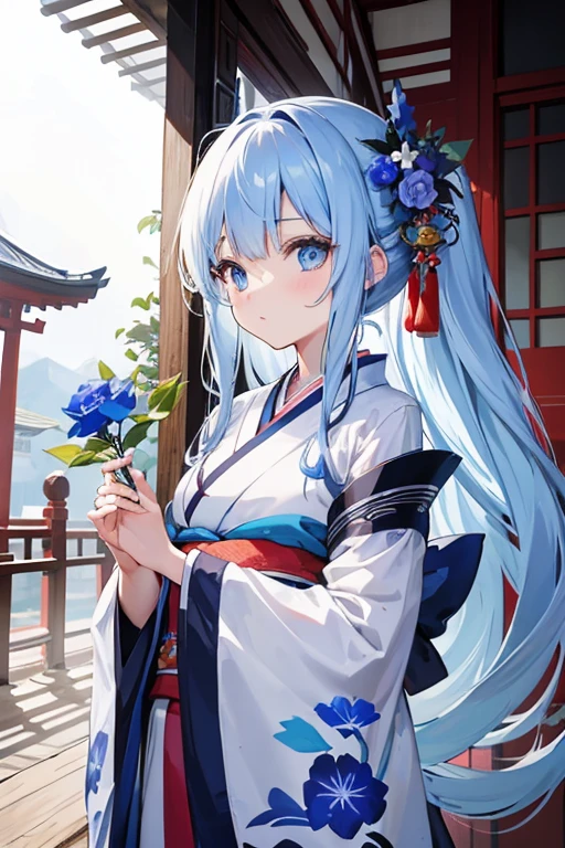 girl,east asian architecture, Blue eyes, big eyes,droopy eyes, With blue flower corsage and skyblue ribbon ,Slender body, upper body, White long hair, kimono